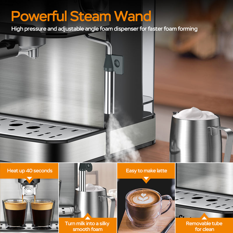 20 Bar Professional Espresso Machine With Milk Frother, Single & Double Shot, ESE Pod Compatible, Visual Display Of Pressure, Removable Water Tank For Cappuccino, Latte, Machiato For Home Barista